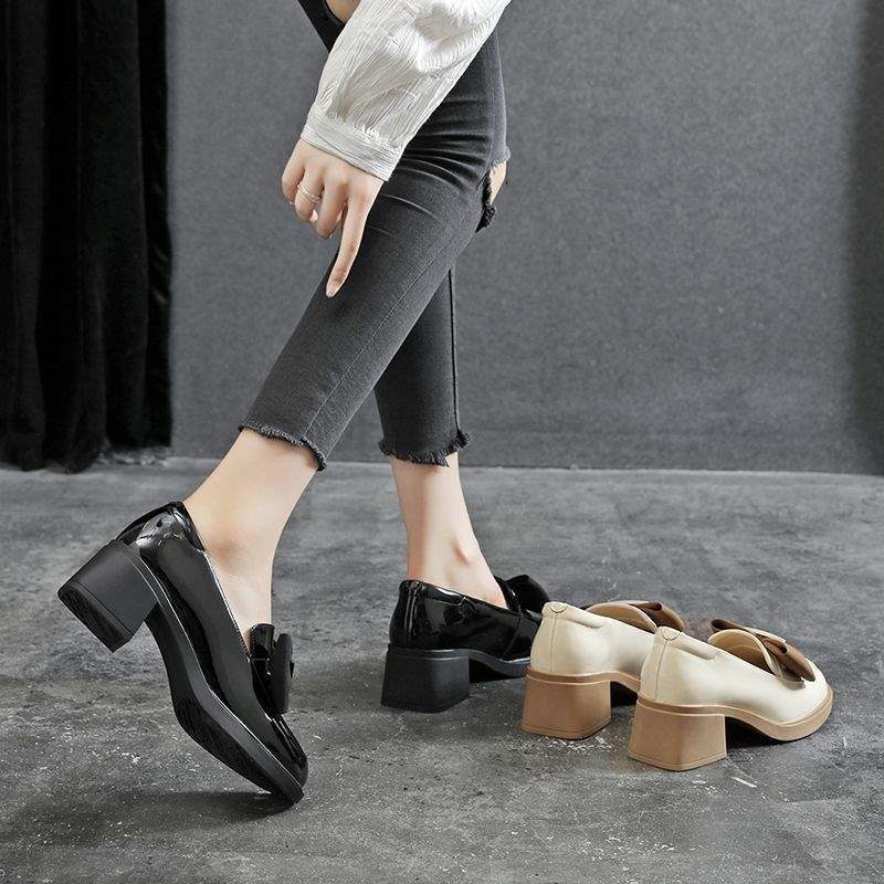 Real soft leather British style single shoes women's thick heel new autumn and winter bow middle heel women's shoes square head small leather shoes