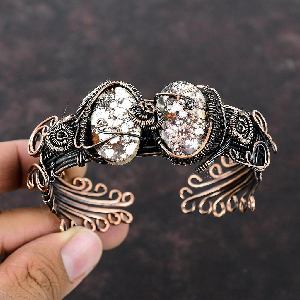 Wild Horse Magnesite Bangle Copper Wire Wrapped Jewelry Adjustable Cuff Bracelet Handmade Gemstone Bangle Copper Wire Bangle Engagement Gift