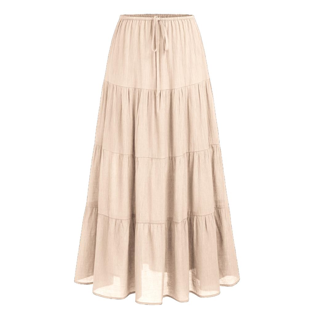Women's Casual Maxi Skirts Summer Boho Solid Beach Elastic High Waist Pleated A-Line Flowy Swing Long Maxi Skirts Elastic Waist Long Skirt for Women