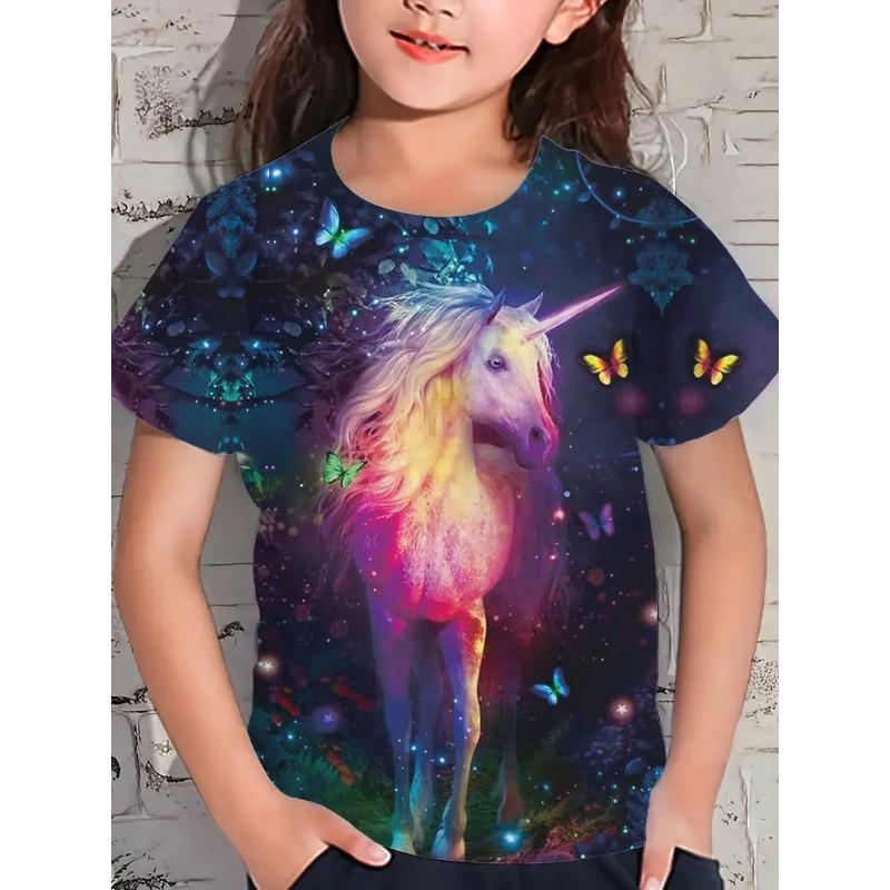 Nowy kreskówkowy T-shirt dziecięcy T-shirt z krótkim rękawem luźny casualowy wzór z koniem topy dla dziewczynek