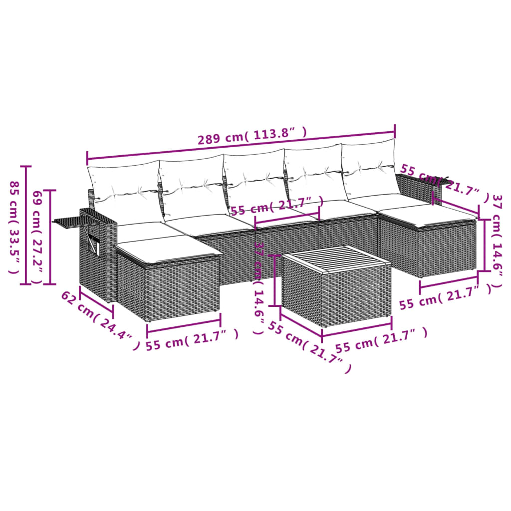8-teiliges Gartensofa-Set mit Kissen Grau Poly-Rattan