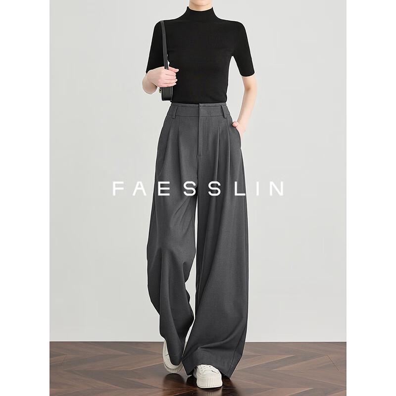 FAESSLIN Women's High-Waist Draped Gray Straight-Leg Trousers