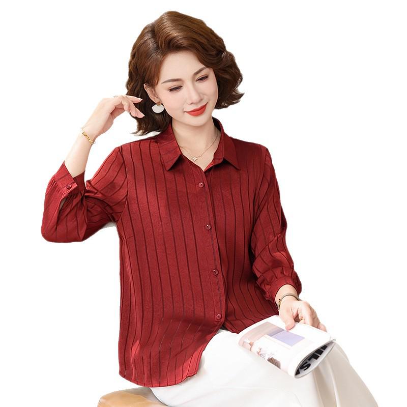 Stylish Striped Seven-Sleeve Blouse for Middle-Aged Moms - Trendy, Slimming Cardigan Shirt