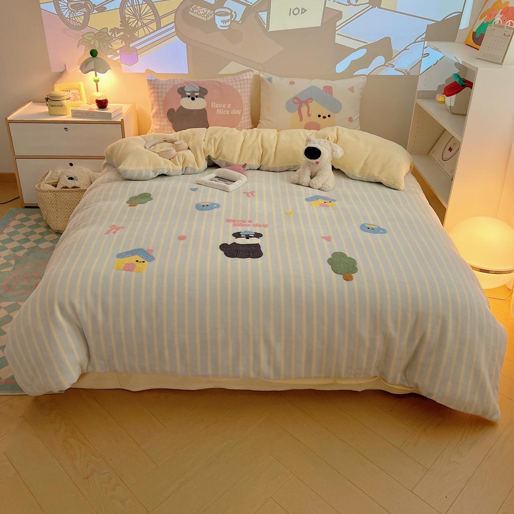 Thickened Milk Fleece Towel Embroidery Four-Piece Set 1.2M Bed Sheet Three-Piece Set, Gingerbread Small