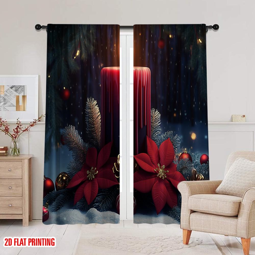 2pcs,2D Plane Printing Curtain Popular Candle Christmas Poinsettia Wreath (2) Durable Polyester (without Rod) Decorations Inside