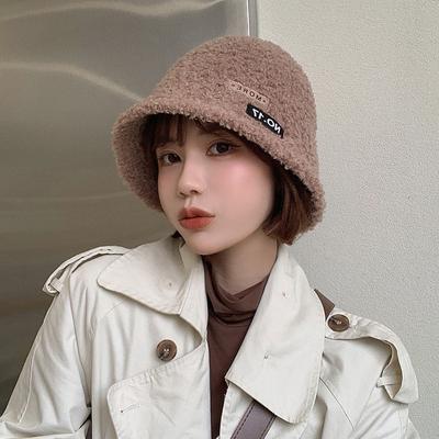 Winter Bucket Hat Women's Casual Cloth Label Bucket Hat Lamb Wool Versatile Knitted Solid Color Wool Basin Hat Men