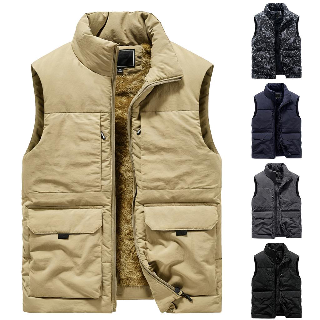 Men's Casual Solid-color Sleeveless Cotton Vest, Men's Fleece Thickened Multi-pocket Stand-up Collar Workwear Jacket