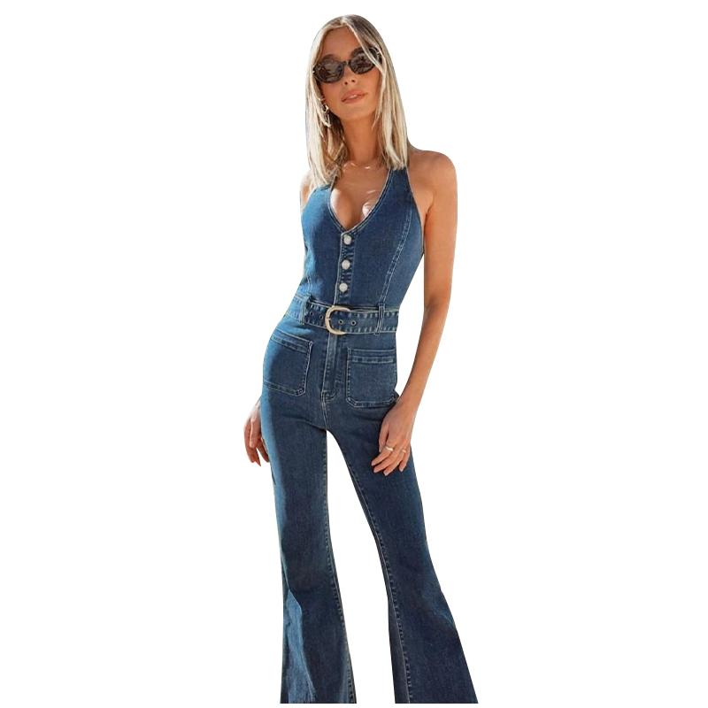 Women's Sleeveless Hanging Neck Denim Jumpsuit Summer New Outfit Slim Fit Denim Pants New Fashion Style Lady Strapless Sleeveless Blue Jumpsuits