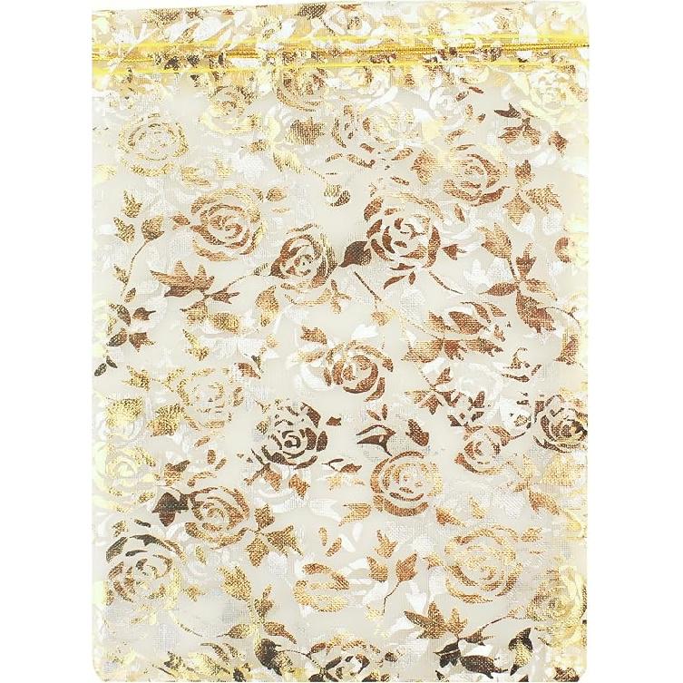 QIANHAILIZZ 100 Pack 7 x 9 Inch Drawstring Flower Heart Bags Organza Jewelry Gift Pouch Candy Pouch Drawstring Wedding Favor Bags (gold heart)