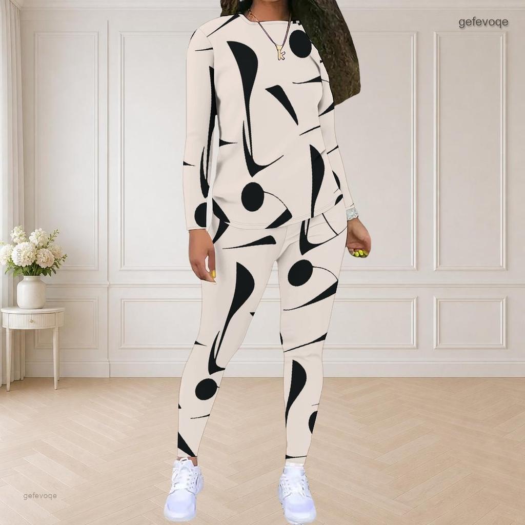 Women Plus Size Round Neck Long Sleeve Blue White Printed Fitted Two Piece Pants Set