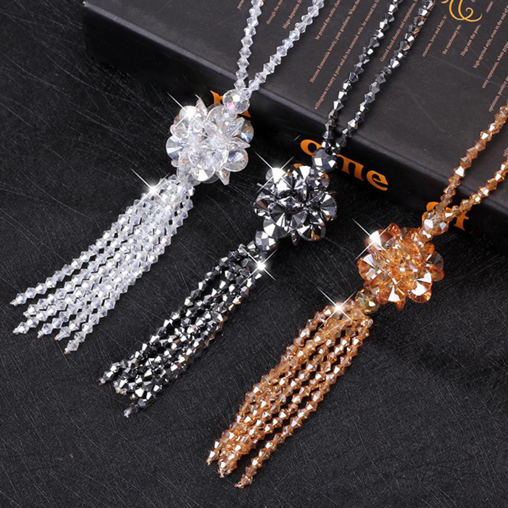 1116 Faux Crystal Necklace Knotted Beaded Long Tassel Shiny All Match Women Long Pendant Sweater Necklace Pendant Necklaces