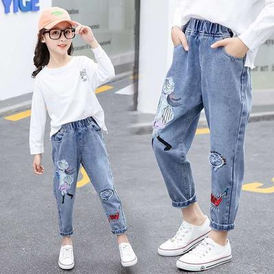 Jeans Studentesse Primavera Autunno Coreani Selvaggi Larghi Stampa Cartoni Animati Vita Elastica Dritto Sottile Gamba Larga Jeans