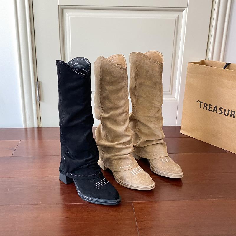 Autumn and Winter New Long Boots Women's Thick Heel Knight Boots Long Trouser Tube Boots Pointed Pile Boots But Knee High Boots