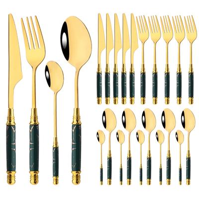 24-teiliges Grün-Gold-Geschirrset Edelstahl-Besteckset Küchen-Gabel Messer Löffel Geschirrset Besteckset Silberwarenset