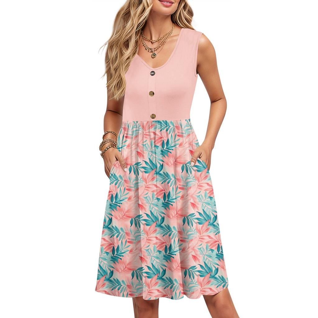 Women Summer Printing Dresses Sleeveless Casual Loose Swing Button Down Midi Sundress With Pockets