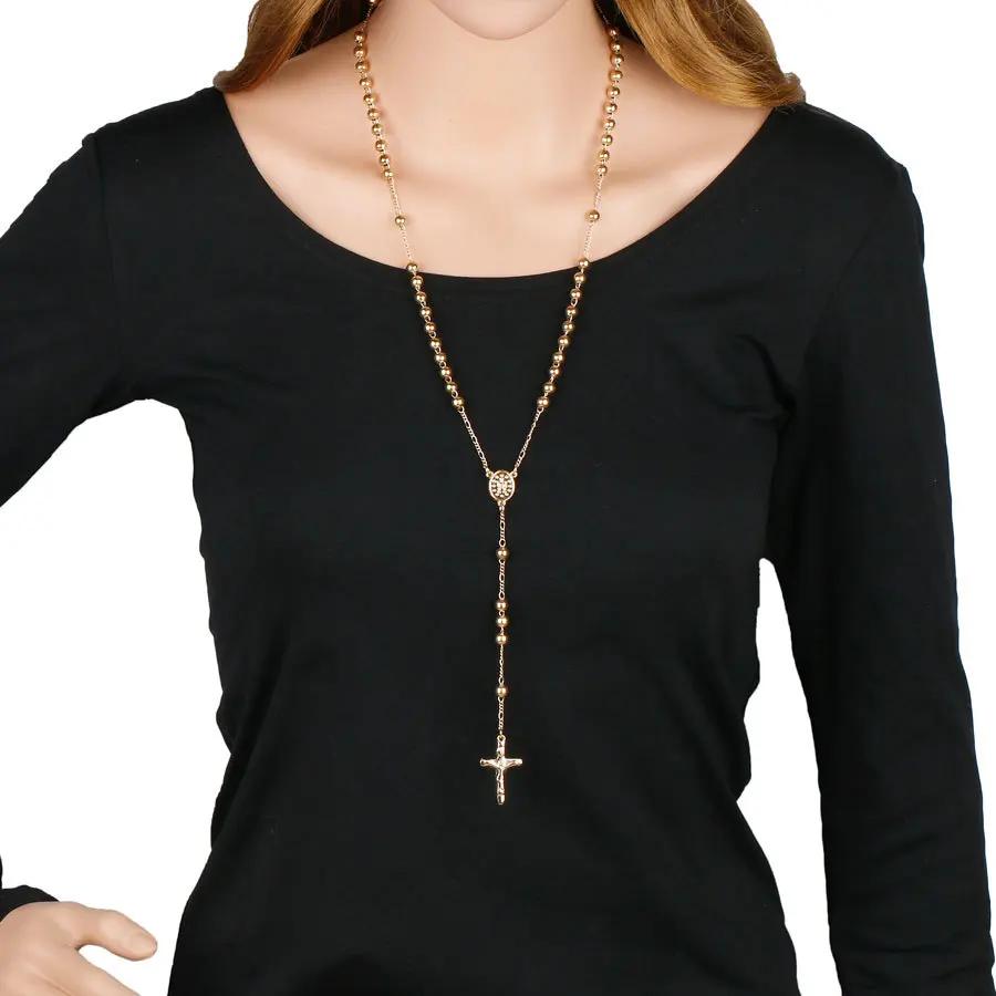 6MM Metal Beads Rosary Necklaces For Women Men Long Chain Crucifix Cross Pendant Necklace Religious Praye Jewelry
