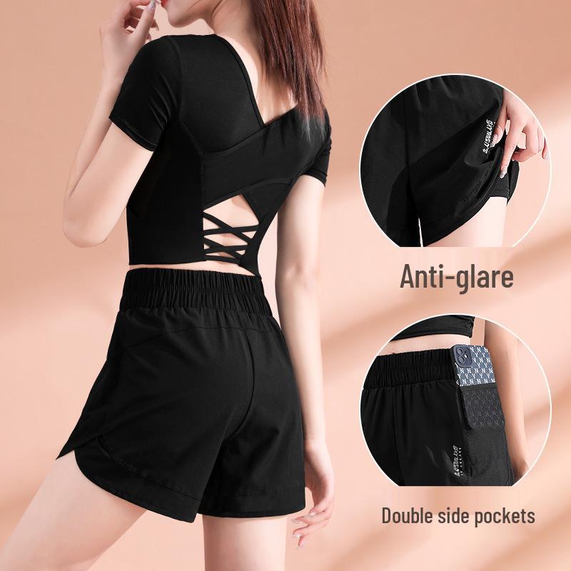 Damski Zestaw do Porannego Biegania i Jogi Szybkoschnący - Lekkie Szorty i Top z Krótkim Rękawem