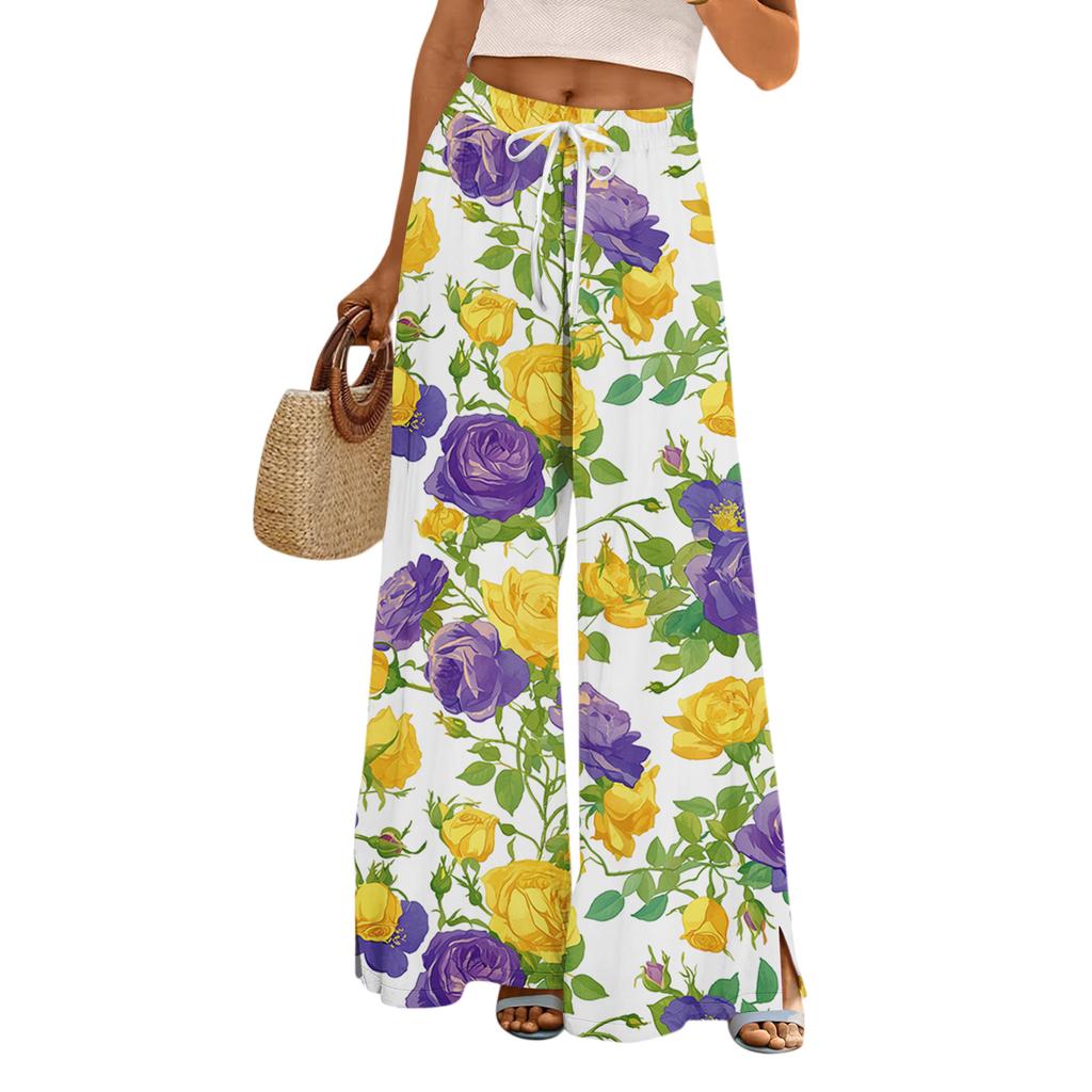 Damskie Luźne i Codzienne Spodnie z Szerokimi Nogawkami z Nadrukiem, z Elastycznym Pasem, Sznurkiem i Kieszeniami