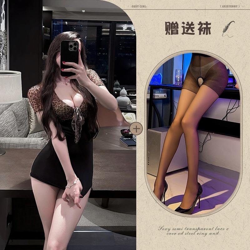 Erotic Underwear Deep V Imperial Sister Sexy Leopard Print Fashion Shapewear Short Skirt Low Chest Collar One-piece Skirt Small Mother Style