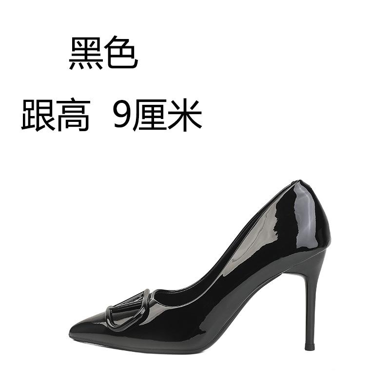 Nude High Heels Women's New V Home Buckle Pointed Head Thin Heel French Patent Leather Light Mouth Autumn Temperament Single Shoes Winter