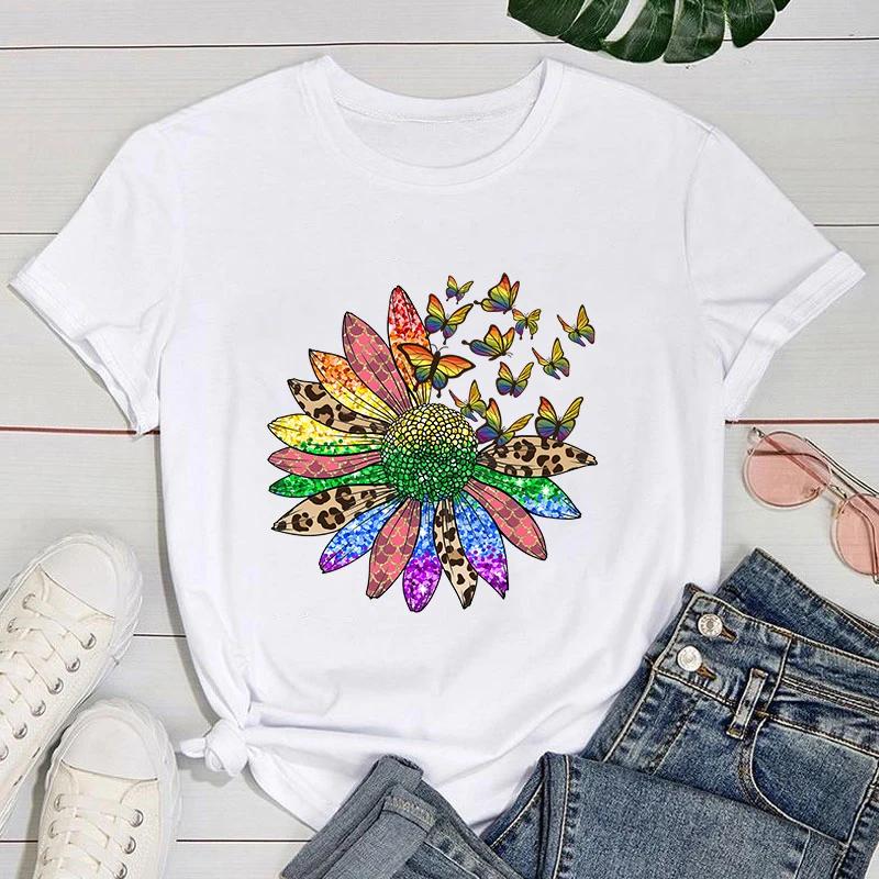 

(Premium T-shirt)Funny Lgbt Sunflower Butterfly Print T-Shirts For Women Summer Round Neck Tee Shirt Femme Fashion Casual Top XXXL золотий
