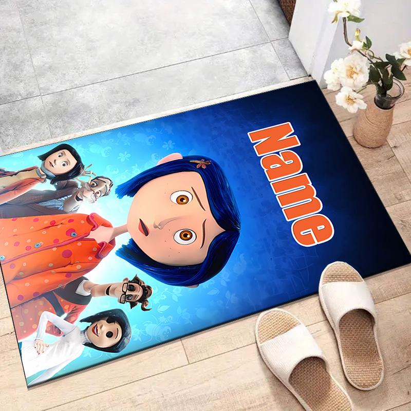 Custom Coraline Mat Personalized Name, Polyester Washable Indoor Entryway Rug, Gift for Christmas, Easter, Thanksgiving Day