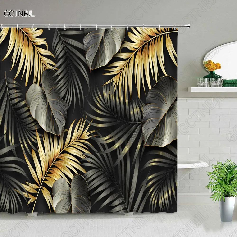 Tropical Green Plant Bathroom Shower Curtains Black Background Gold Palm Leaf Pattern Bath Curtain Waterproof Bathtub Home Decor