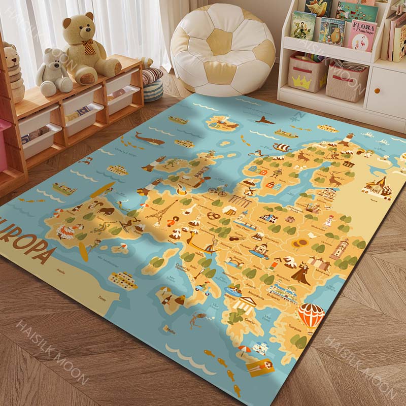 Cartoon Map of Five Continents with Animals Print Carpet for Living Room Bedroom Sofa Doormat Decor Kids Room Area Rug for Gifts