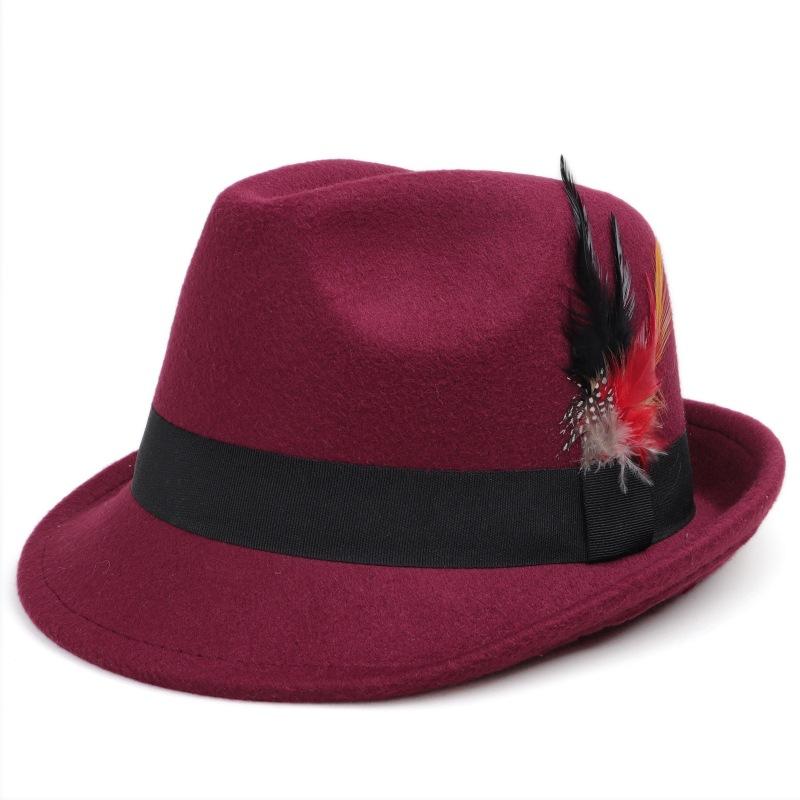 Vintage Jazz Feather Fedora Hat for Men Women Fashion Wide Brim Wool Felt Panama Trilby Cap