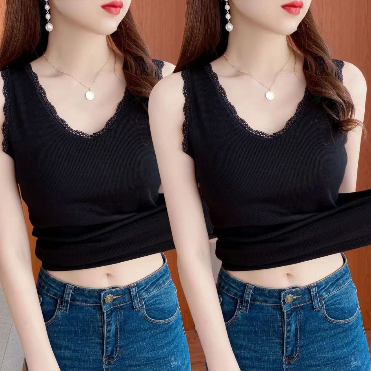 

Сексуальный кружевной топ с v-образным вырезом для женщин, облегающая майка в рубчик в корейском стиле, идеально подходит для многослойного ношения или ношения в одиночку весной и летом 5XL