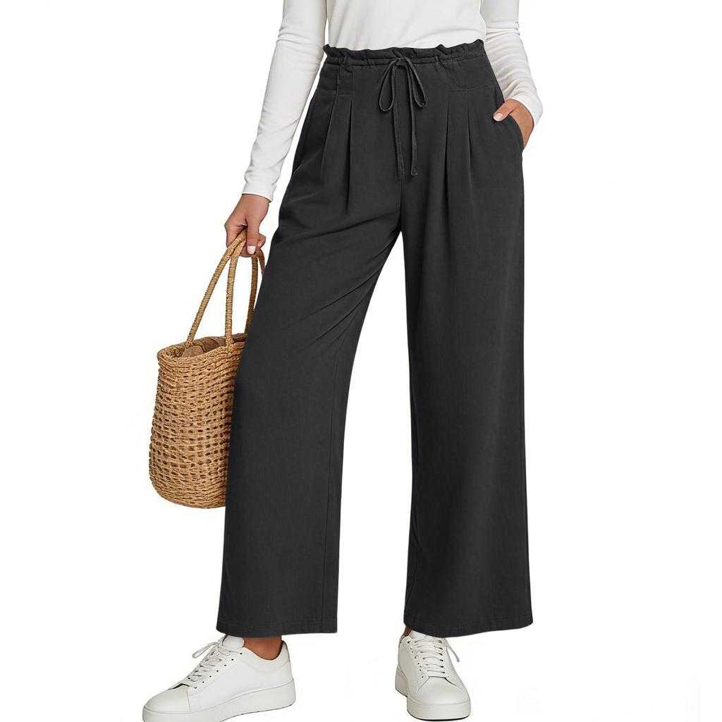 Women's Summer Casual Wide Leg Tie Elastic Waist Pleated Front Pocket Color Wide Leg Dress Pants