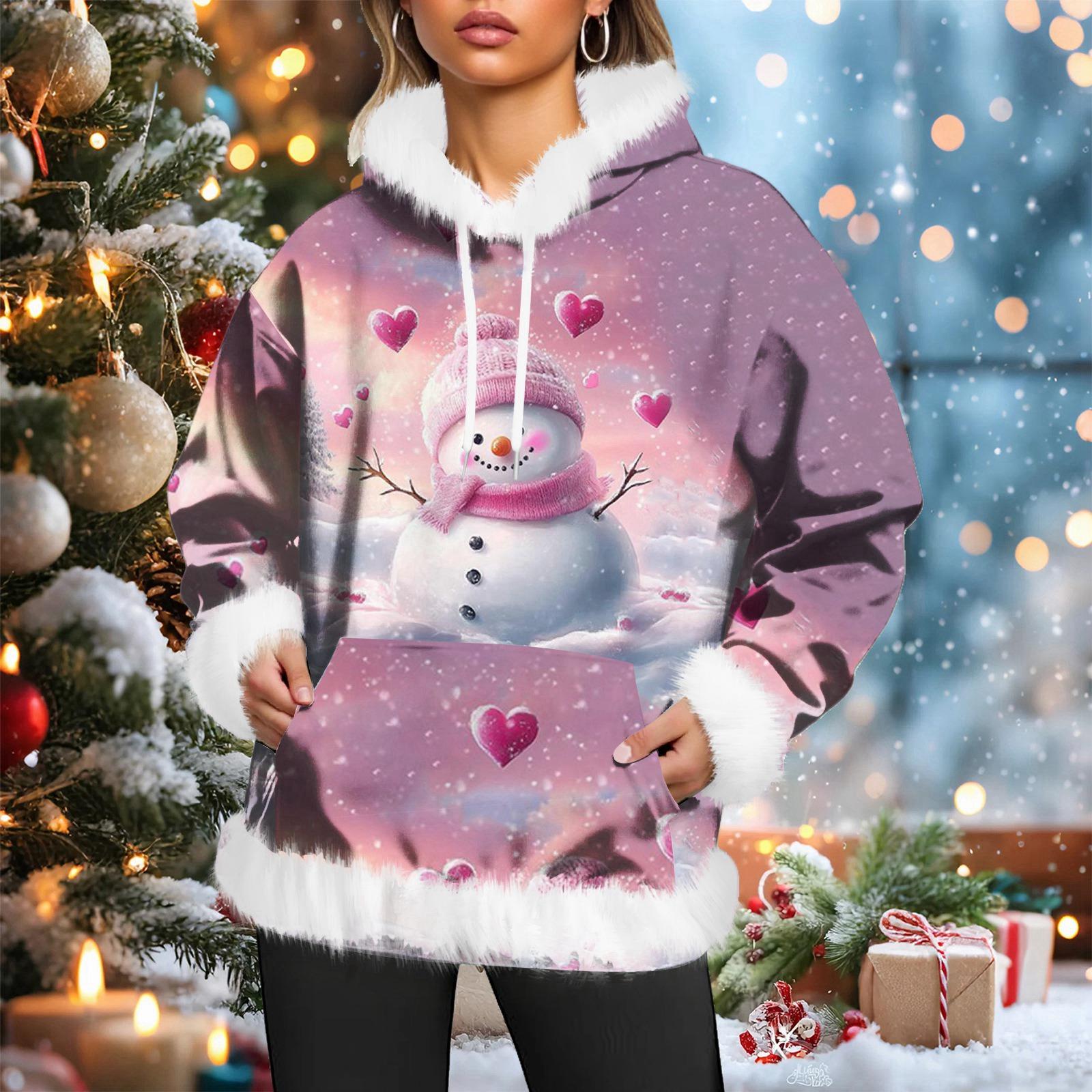 

Women s Christmas Casual Fleece-Lined Hoodie With Long Sleeves And Pockets Sweatshirt Top S розовый