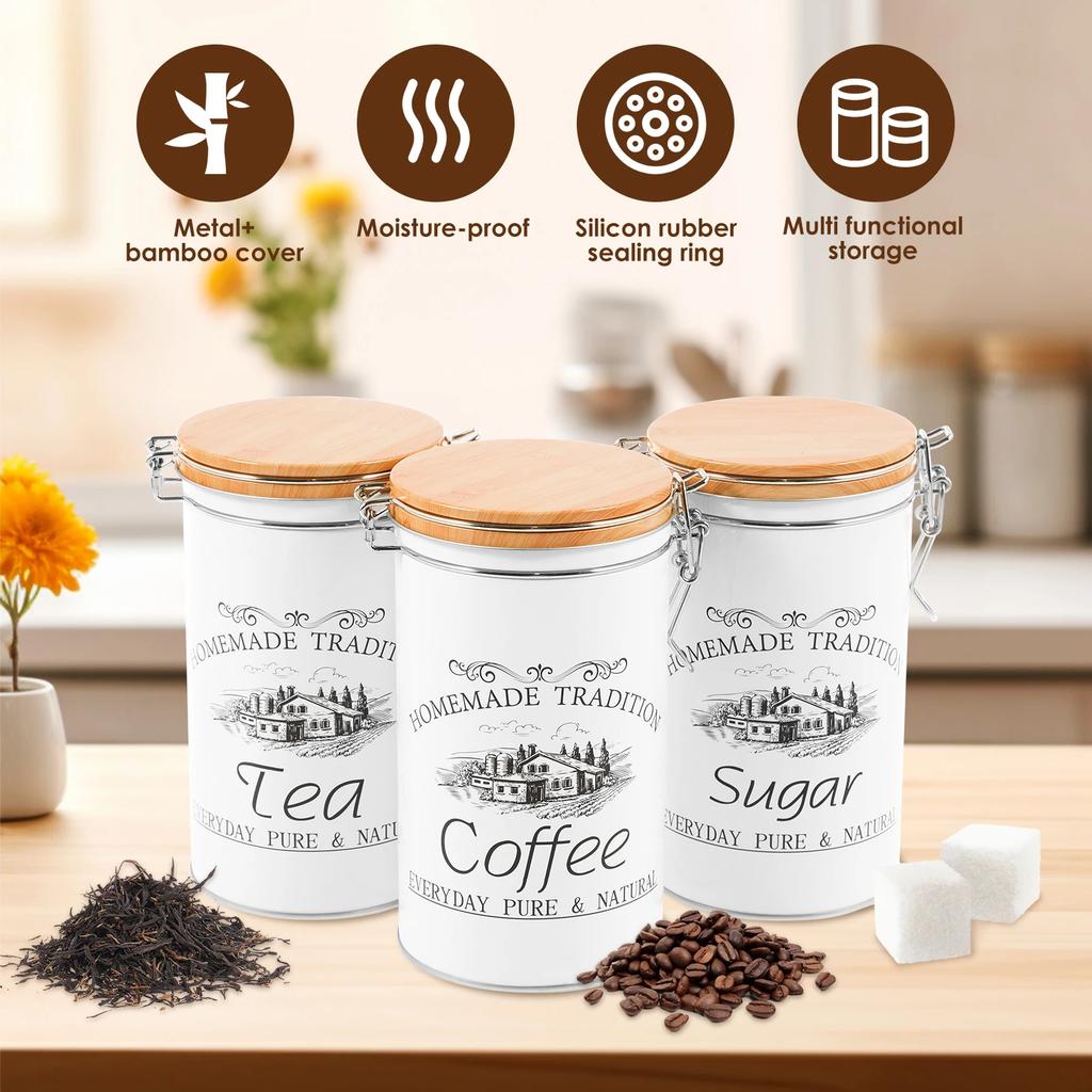 3Pcs/Set Tea Coffee Sugar Canisters Metal Coffee Bean Storage Jars Versatile Tea Coffee Sugar Container Kitchen Food Supplies