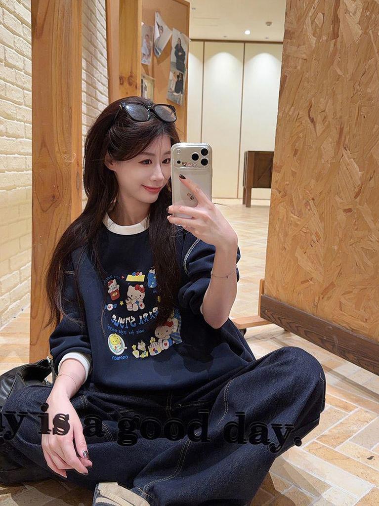 Women's 2025 Korean Style Cartoon Print Round Neck Sweatshirt - Autumn/Winter Velvet Loose Fit