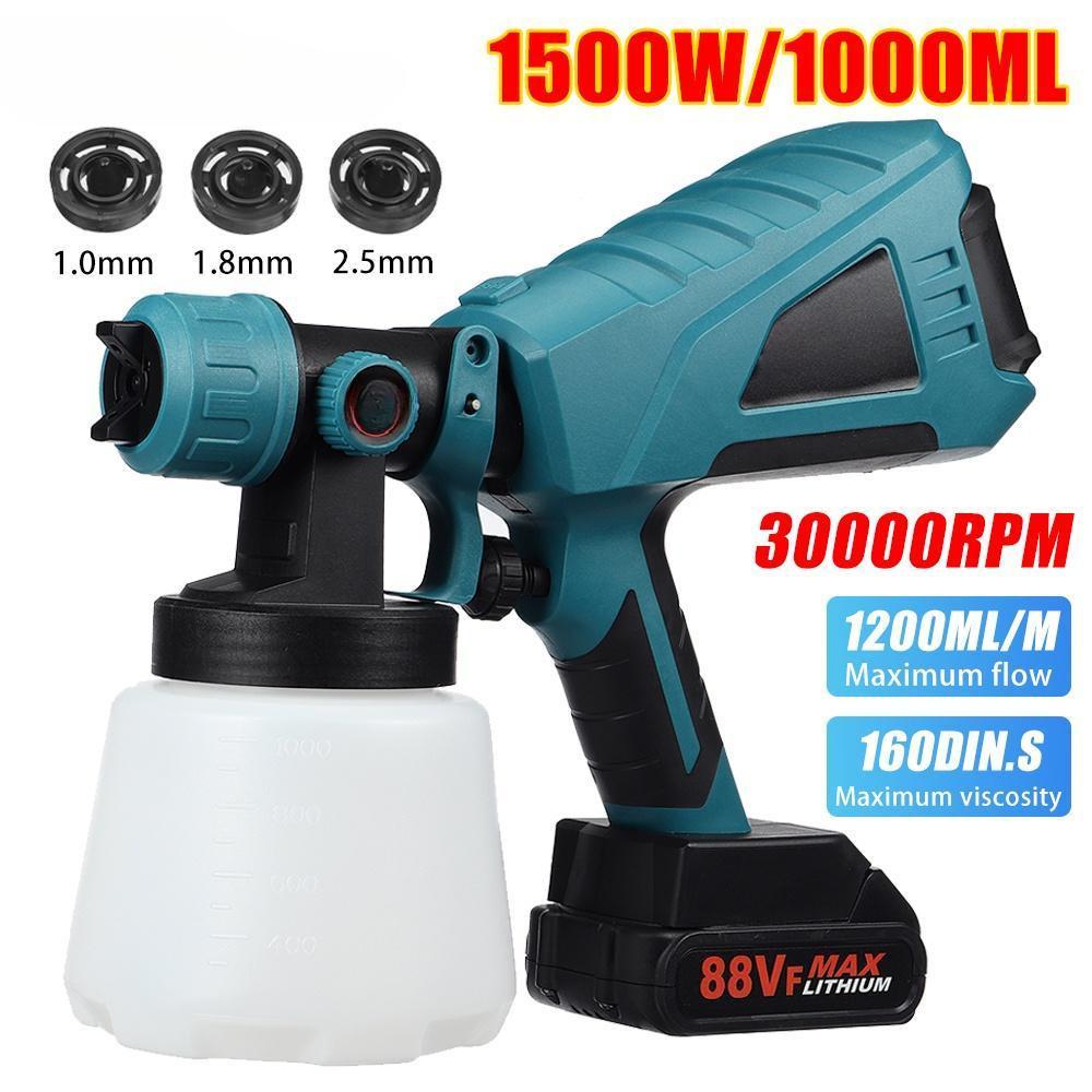 1500W 88VF 3 Nozzle Size 1000ml Electric Spray Gun Flow Control Airbrush For 18V Battery Household Electric Paint Sprayer