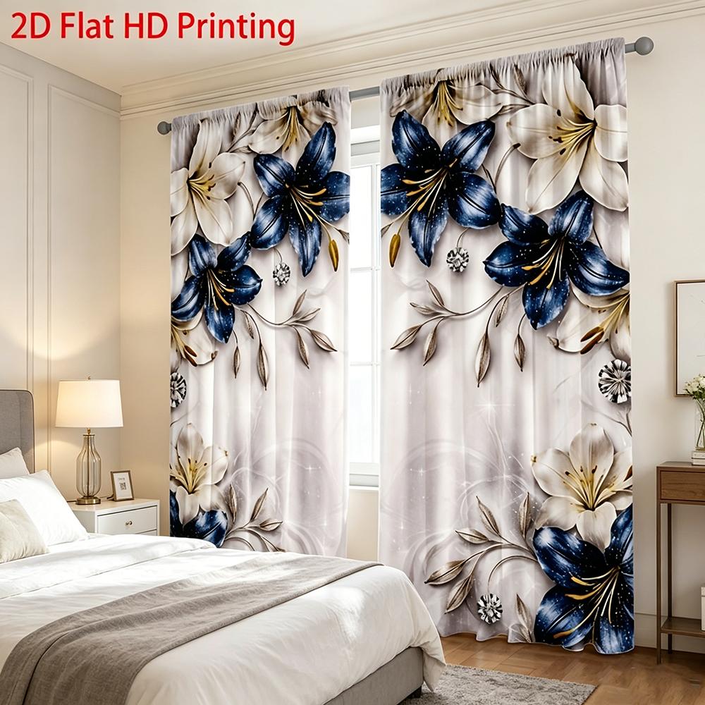 2PCS Digital Printed Curtains, Blue Diamond Lily Luxury Elegant Floral, Rod Pocket Window Drapes for Living Room Bedroom Decor
