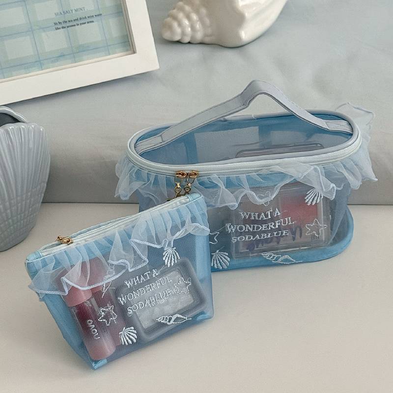 Stylish Ocean Blue Mesh Cosmetic Bag For Girls With Embroidery And Breathable Design