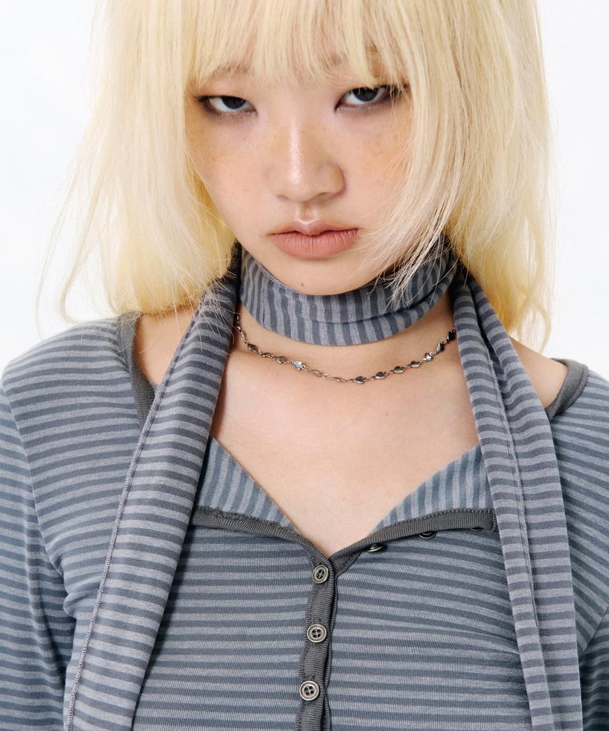 Leoninghai Button Stripe L/S T-Shirt With Scarf [Khaki]