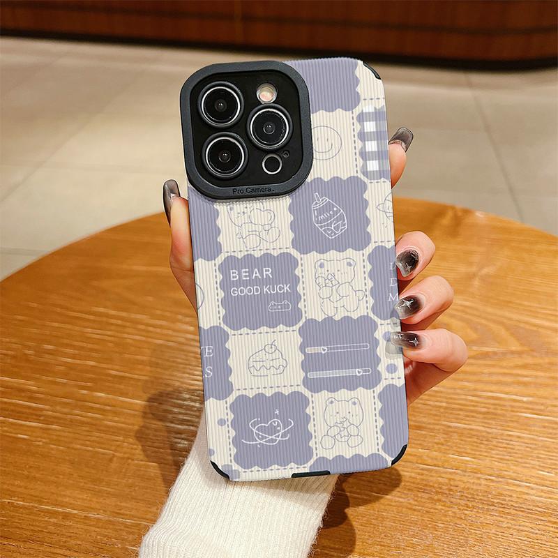 Vertical Grain Leather Cute Cartoon Bear Printed Soft Silicone Phone Case Back Cover with Camera Lens Full Protection for Samsung