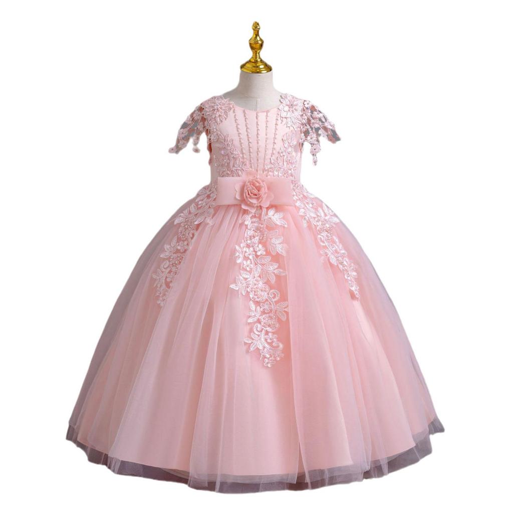 Girls' European and American Style Long Skirt Tie-Up Wedding Princess Dress - High-End Formal Graduation Party Dress