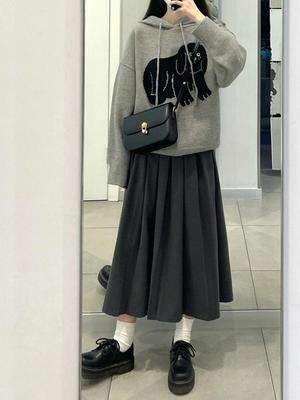 Gray Plus Size High Waist Soft Waxy Pleated Wool Skirt - Mid-length A-line for Women, Autumn Slimming