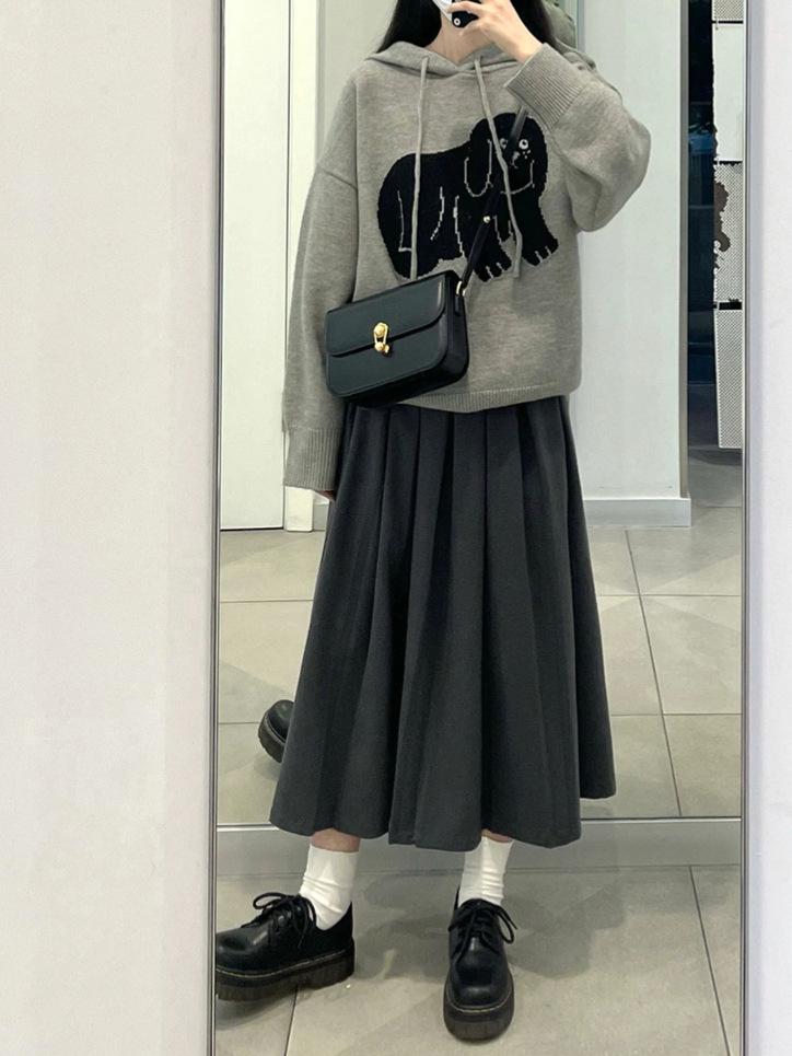 Gray Plus Size High Waist Soft Waxy Pleated Wool Skirt - Mid-length A-line for Women, Autumn Slimming