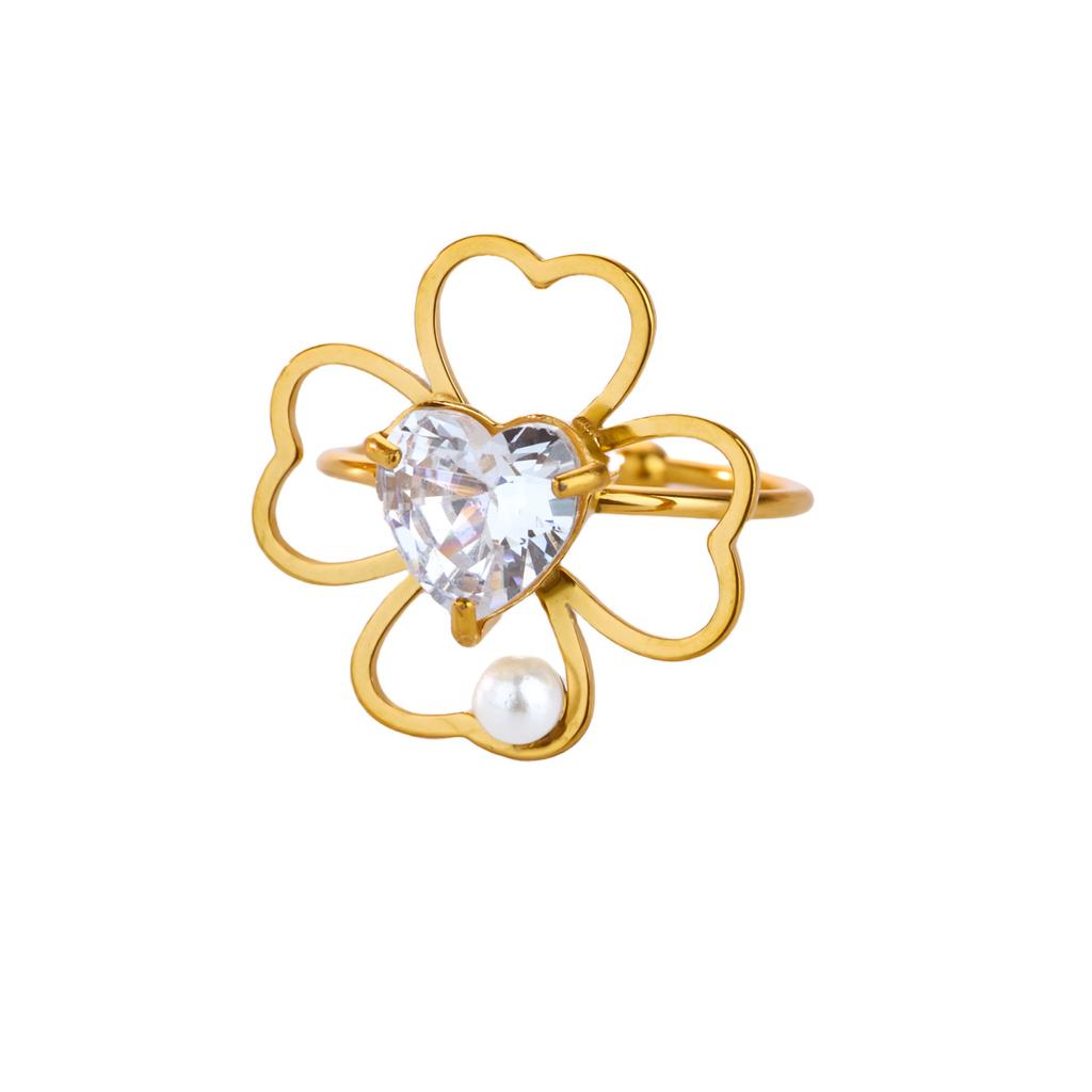 Zircon Four Leaf Clover Rings For Women Gold Color Stainless Steel Opening Couple Ring Aesthetic Wedding Bohemian Jewelry Gift