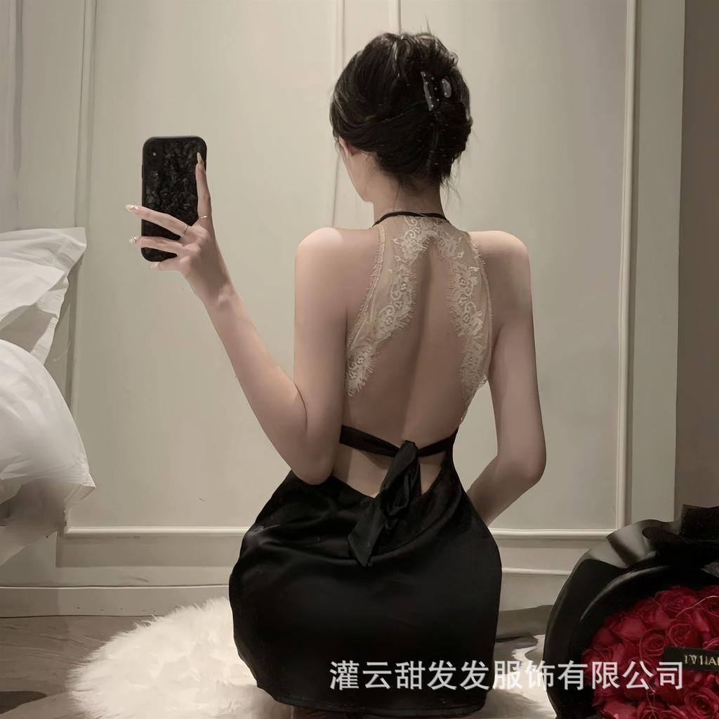 Charming and Sexy Summer Women's Thin Ice Silk New High-end Suspender Nightdress Lace Hollowed Out and Attractive