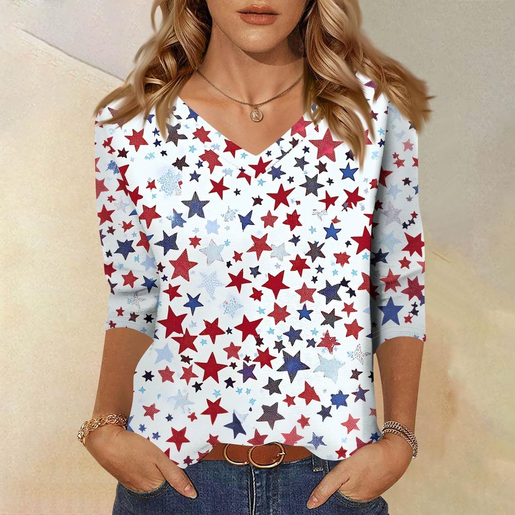 Women's Tops Three-quarter Sleeve Shirt V-neck Loose Casual Shirt Floral Print T-shirt