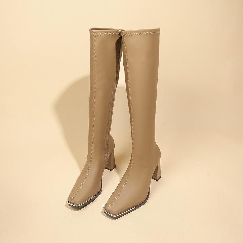 Fashion Autumn Winter Women Knee High Boots Sexy Square Head High-heeled Long Boots Female Shoes Retro Soft Leather Back Zipper Botas