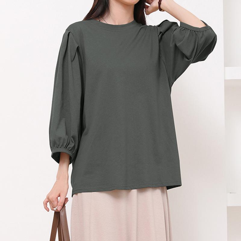 Japanese Women's Early Autumn T-shirts Simple and High-end Solid Color Pure Cotton Loose Slim Casual Lantern Sleeve Top