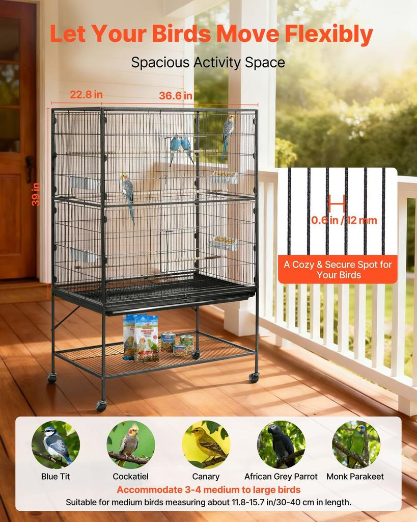 Bird Cage, 930 X 580 X 1510 Mm, Flat Top, Wrought Iron Bird Flight Cage with Perches, Slide-Out Tray and Plastic Feeders, for Blue Tit, Cockatiel,