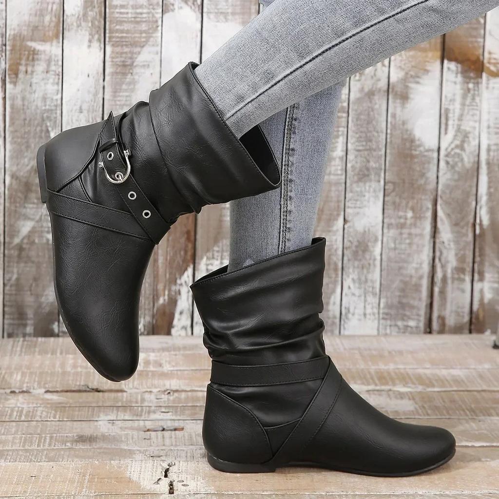 fashion Flat Sole Female Ankle Boots Women Solid Color Wide Calf Short Boots Ladies Slip on Pleated Plus Size 42 Booties Designer Shoes