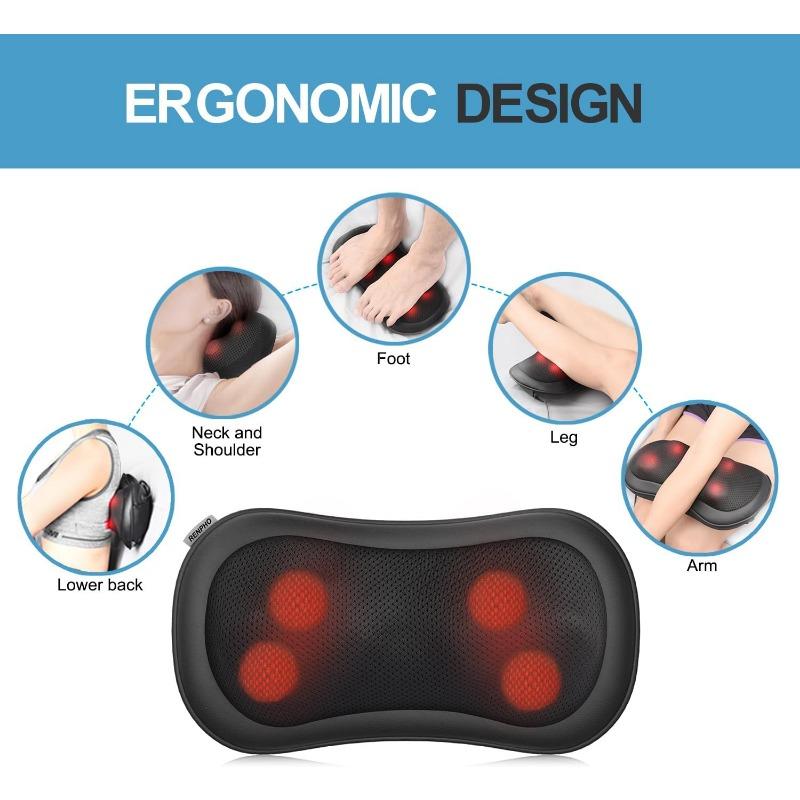 Shiatsu Massager, Massage Pillow with Heat Function, Neck Massager with 3 Speeds, Neck Massage with 4D Rotating Massage Heads, Deep Kneading Massage